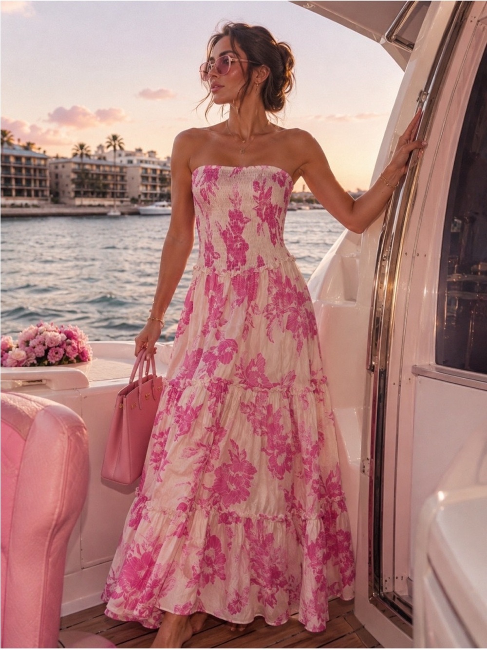 Anthropologie Abel the Label pink & cream Strapless Maxi Dress Floral Size L